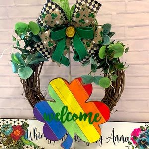 Welcome rainbow shamrock St Patrick’s Day wreath